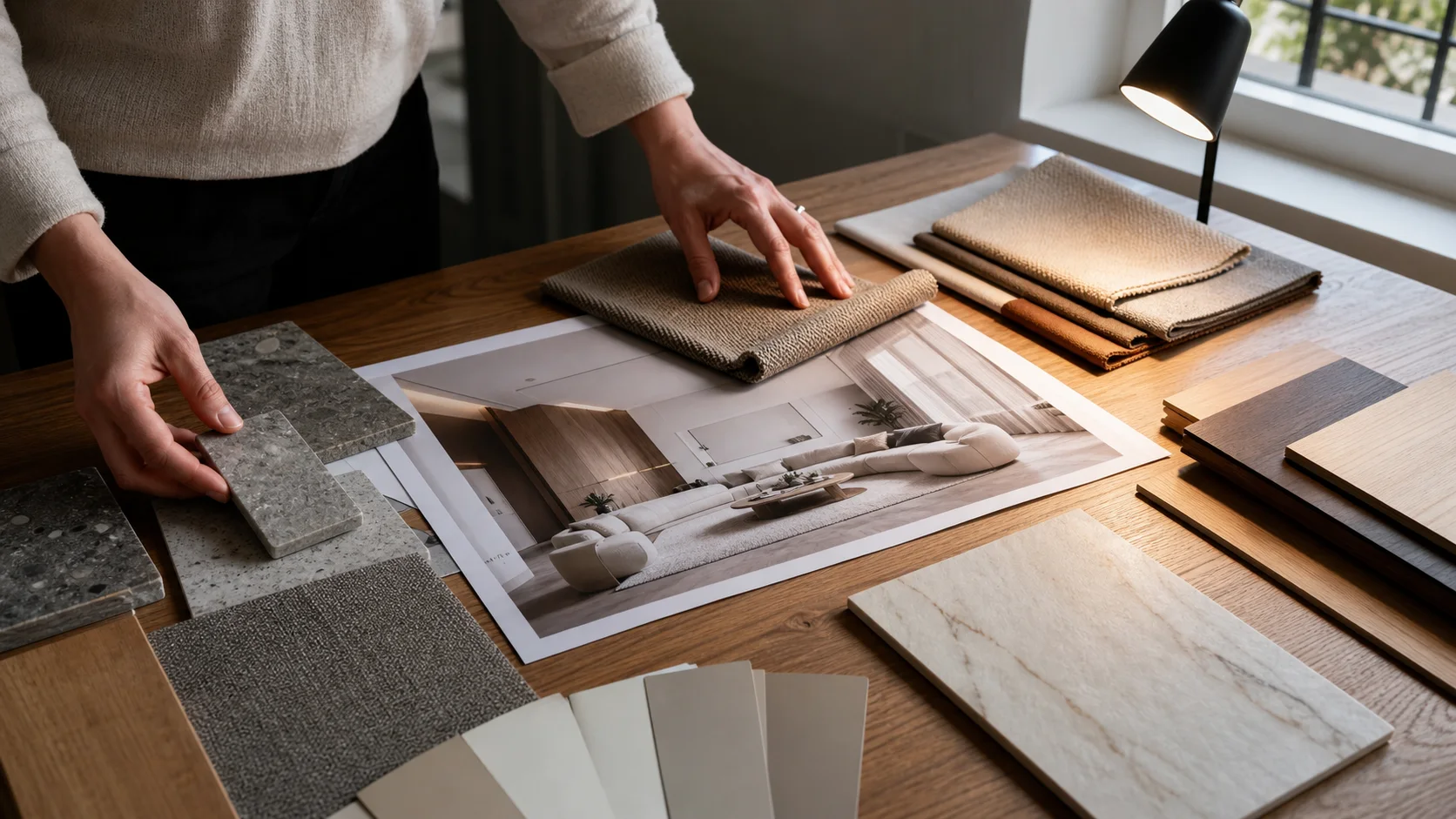 Échantillons de bois tissu carrelage et peinture comparés à un rendu d’aménagement intérieur