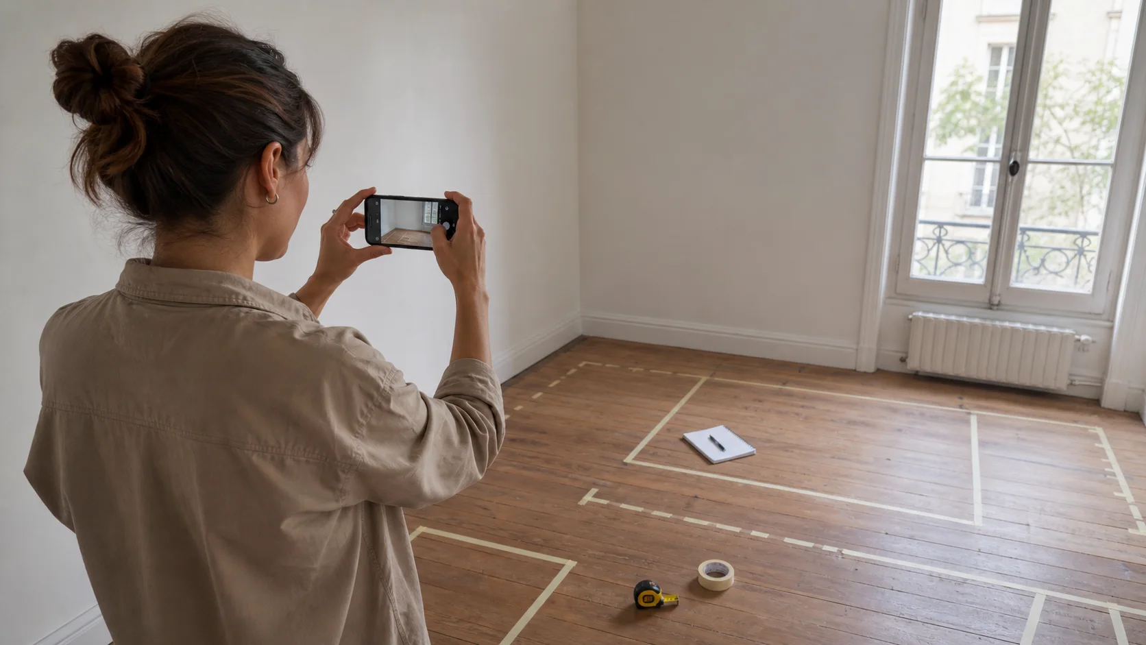 Designer photographiant une pièce vide avant de tester une IA d’aménagement intérieur