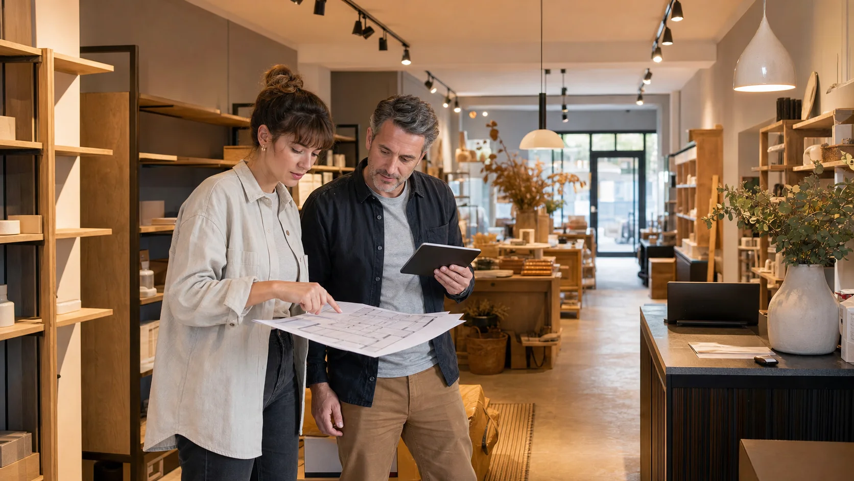 Designer et responsable de boutique vérifiant un projet d’aménagement dans le lieu réel