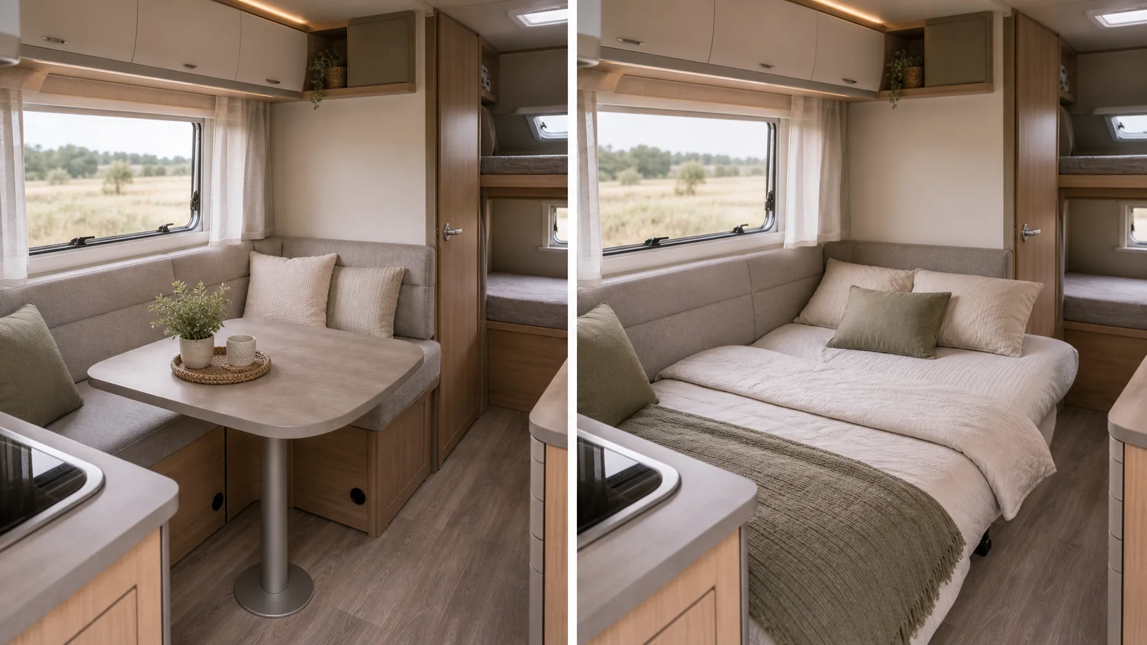 Coin repas de caravane transformable en couchage
