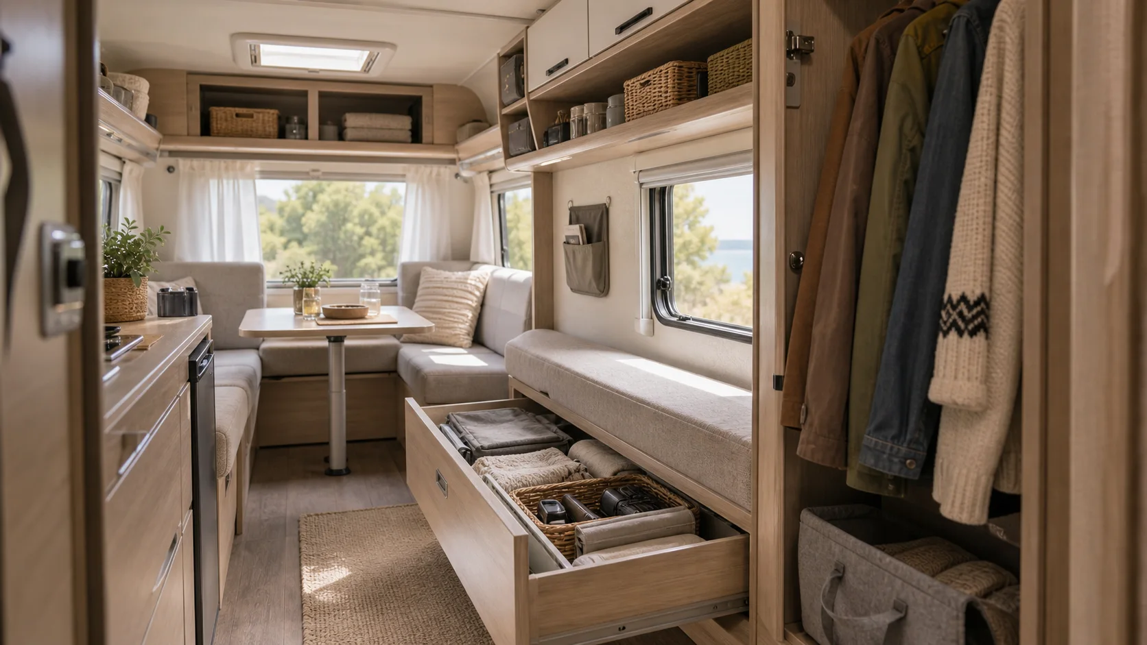Rangements intégrés dans une petite caravane