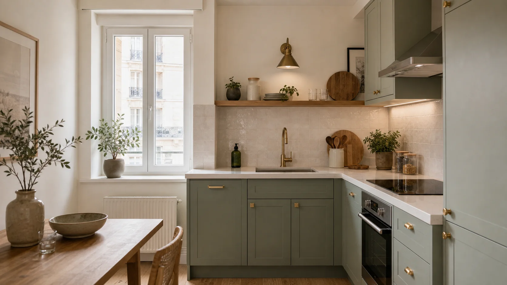 Petite cuisine vert grisé avec meubles bas colorés