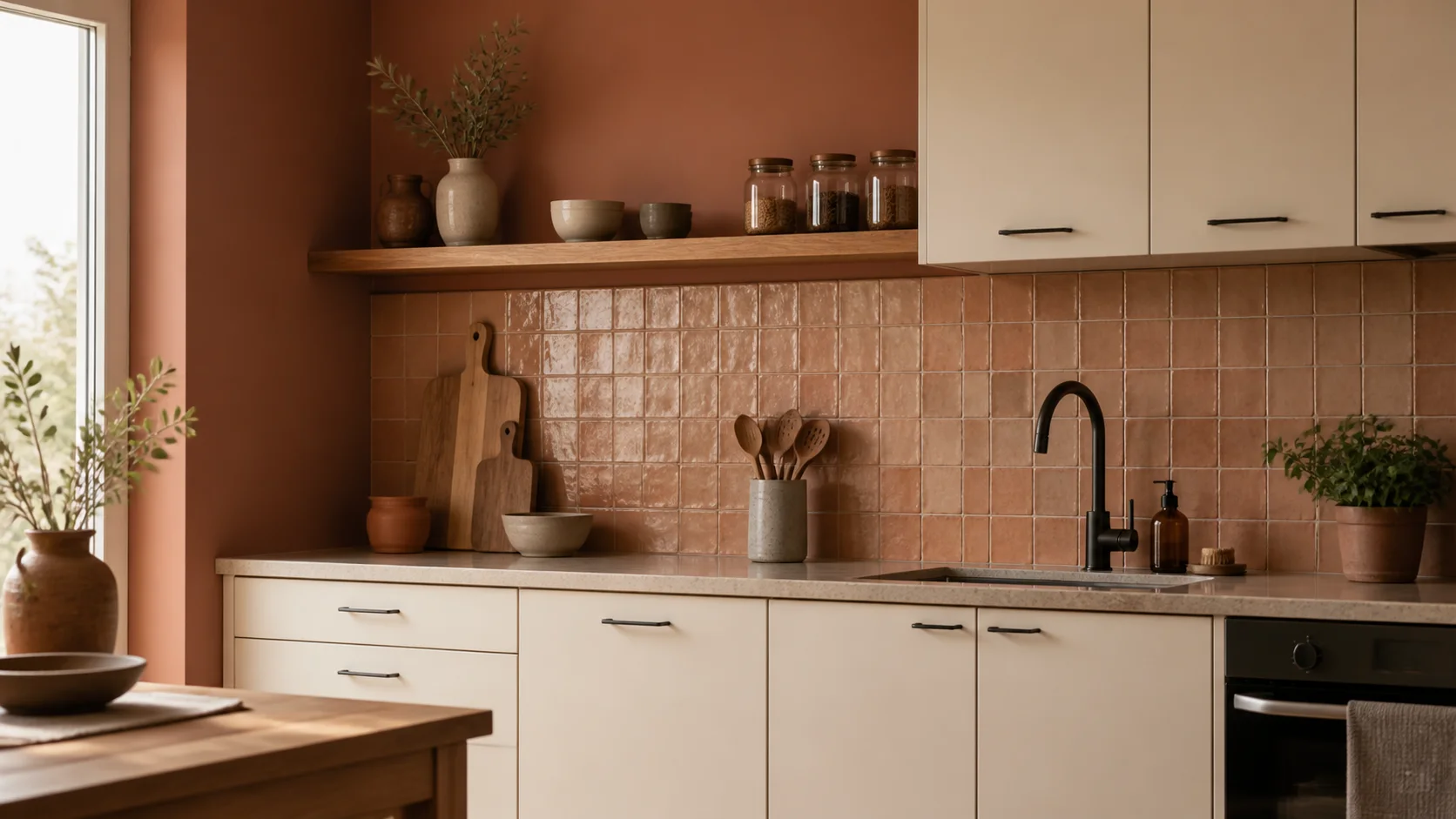 Cuisine terracotta et crème avec bois clair