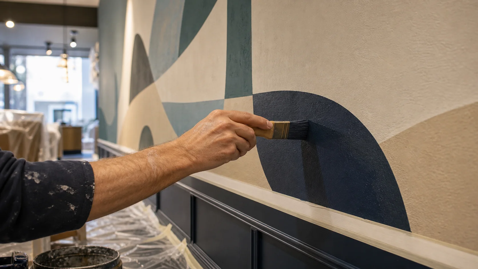 Application soignée d’une fresque murale dans un espace commercial