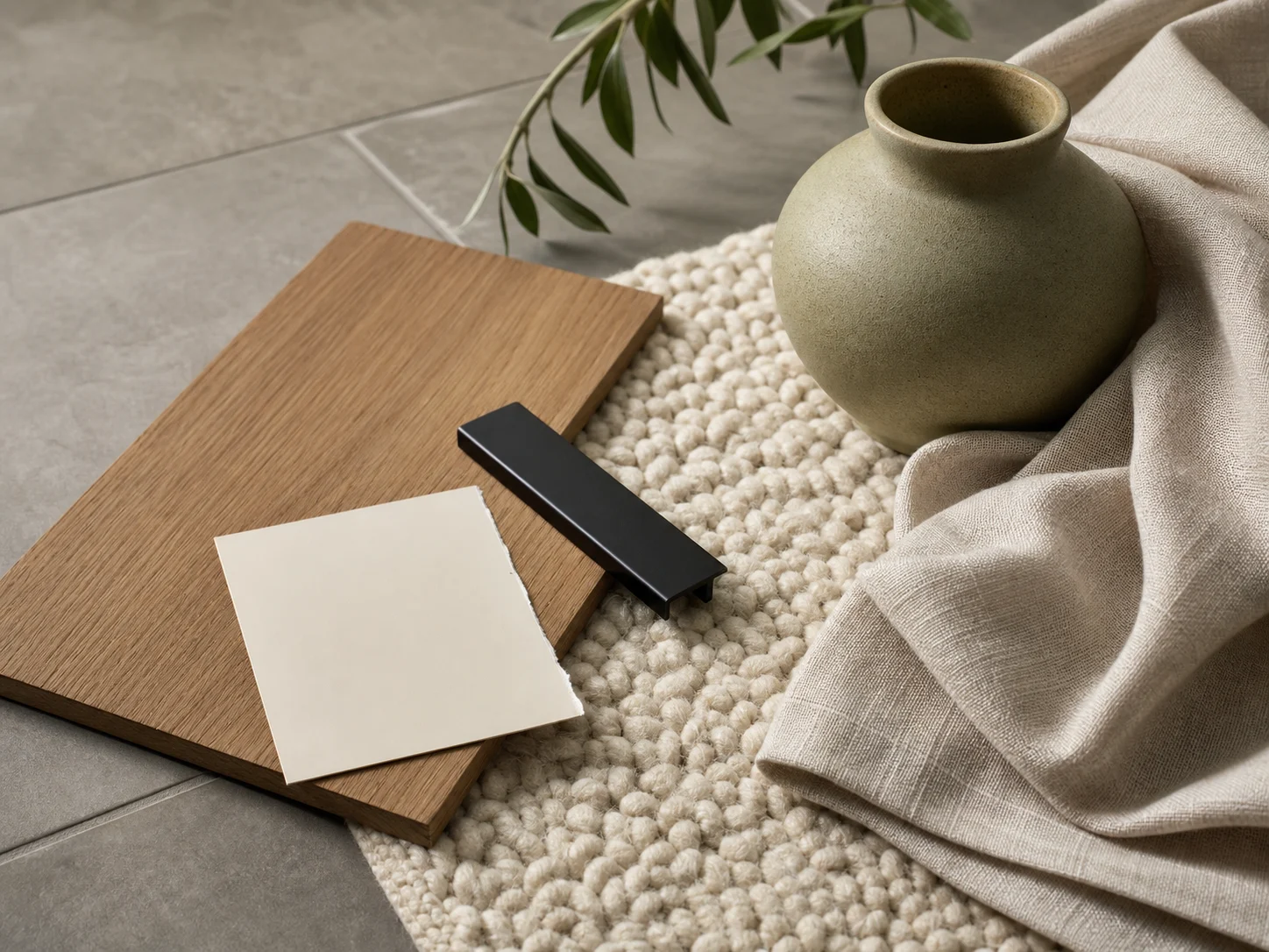 Palette de matières posée sur un carrelage gris avec <strong>bois clair</strong>, textile écru et céramique