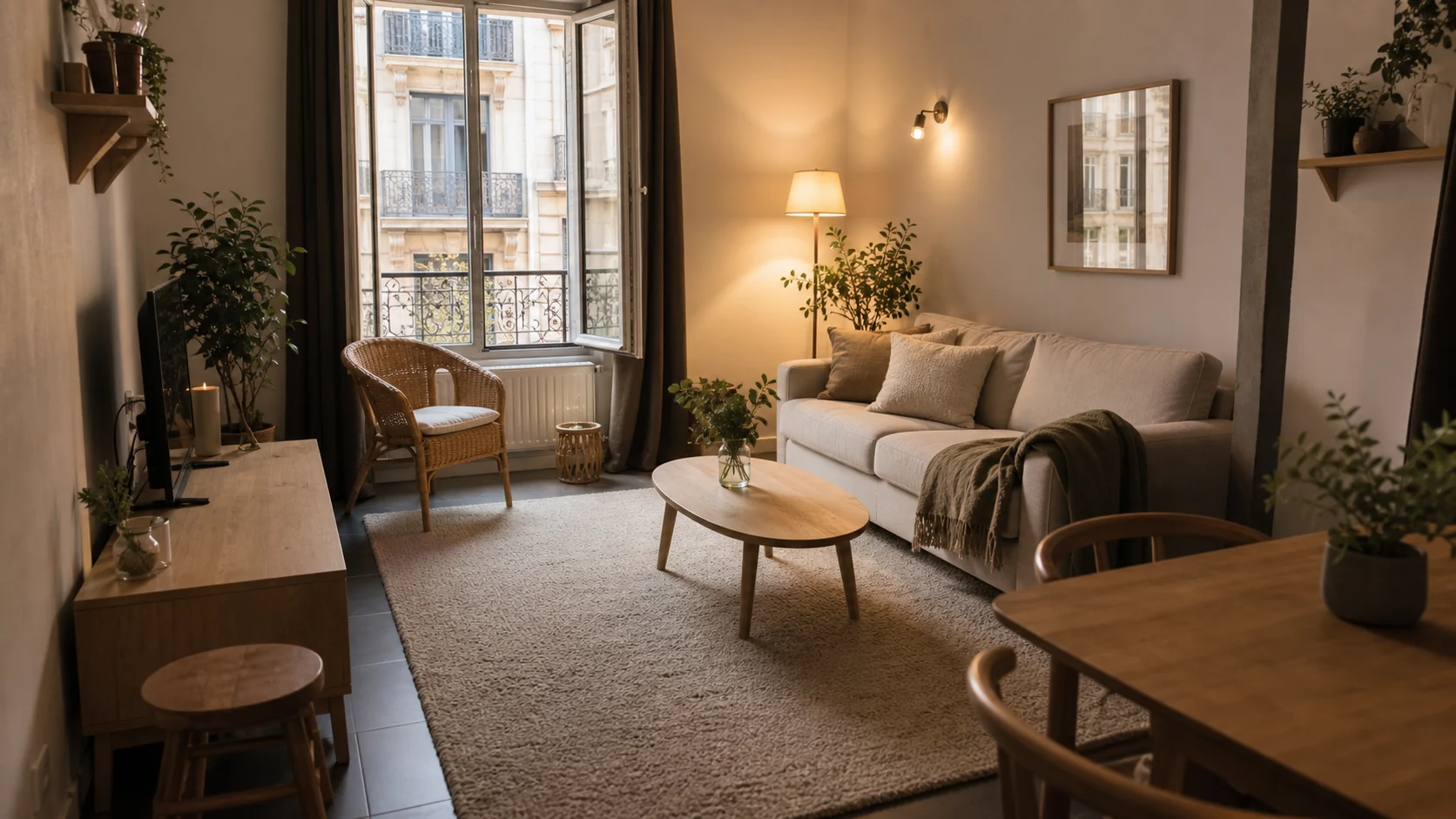 Petit salon avec carrelage gris, grand tapis clair et éclairage chaleureux