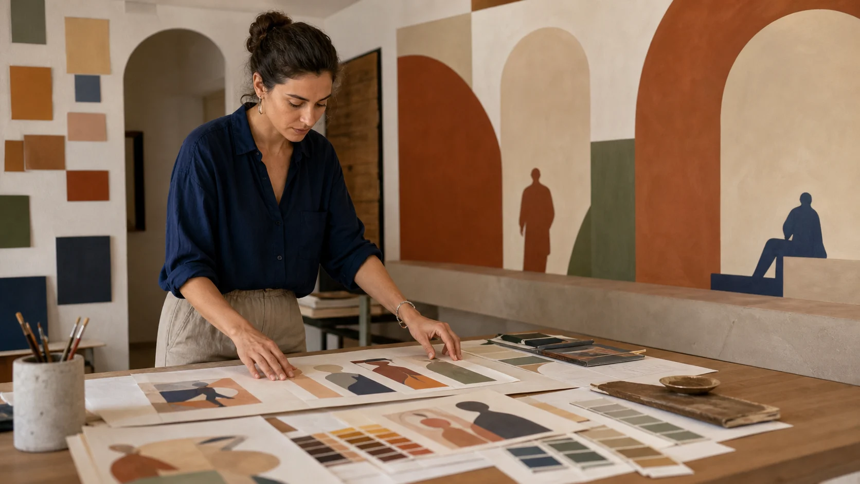 Atelier de décoration préparant une peinture murale contemporaine inspirée du muralisme