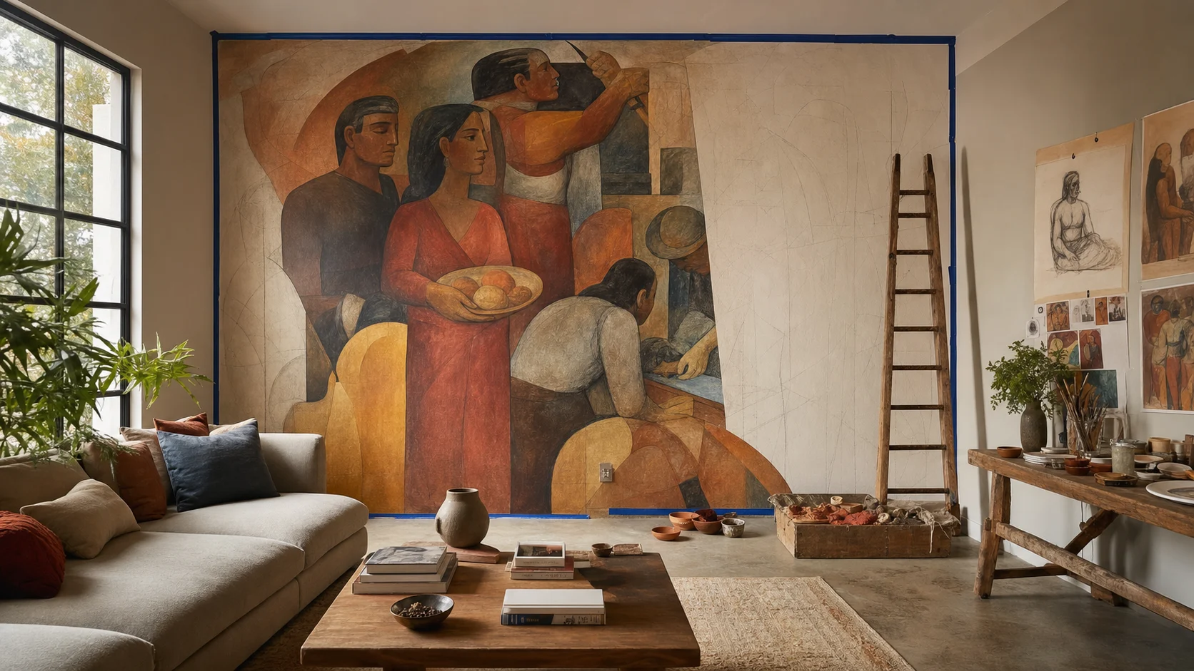 Salon contemporain avec fresque murale chaude inspirée du muralisme