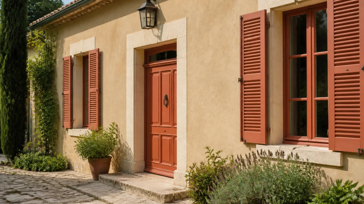 Façade beige chaud avec volets terracotta