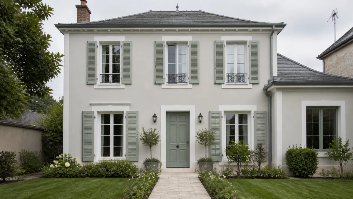 Façade claire avec volets vert sauge