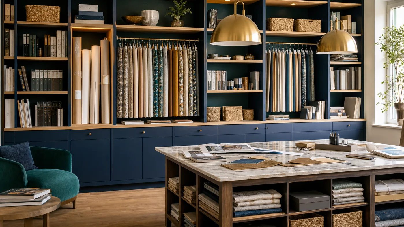 Mur de rangement dans un atelier créatif premium