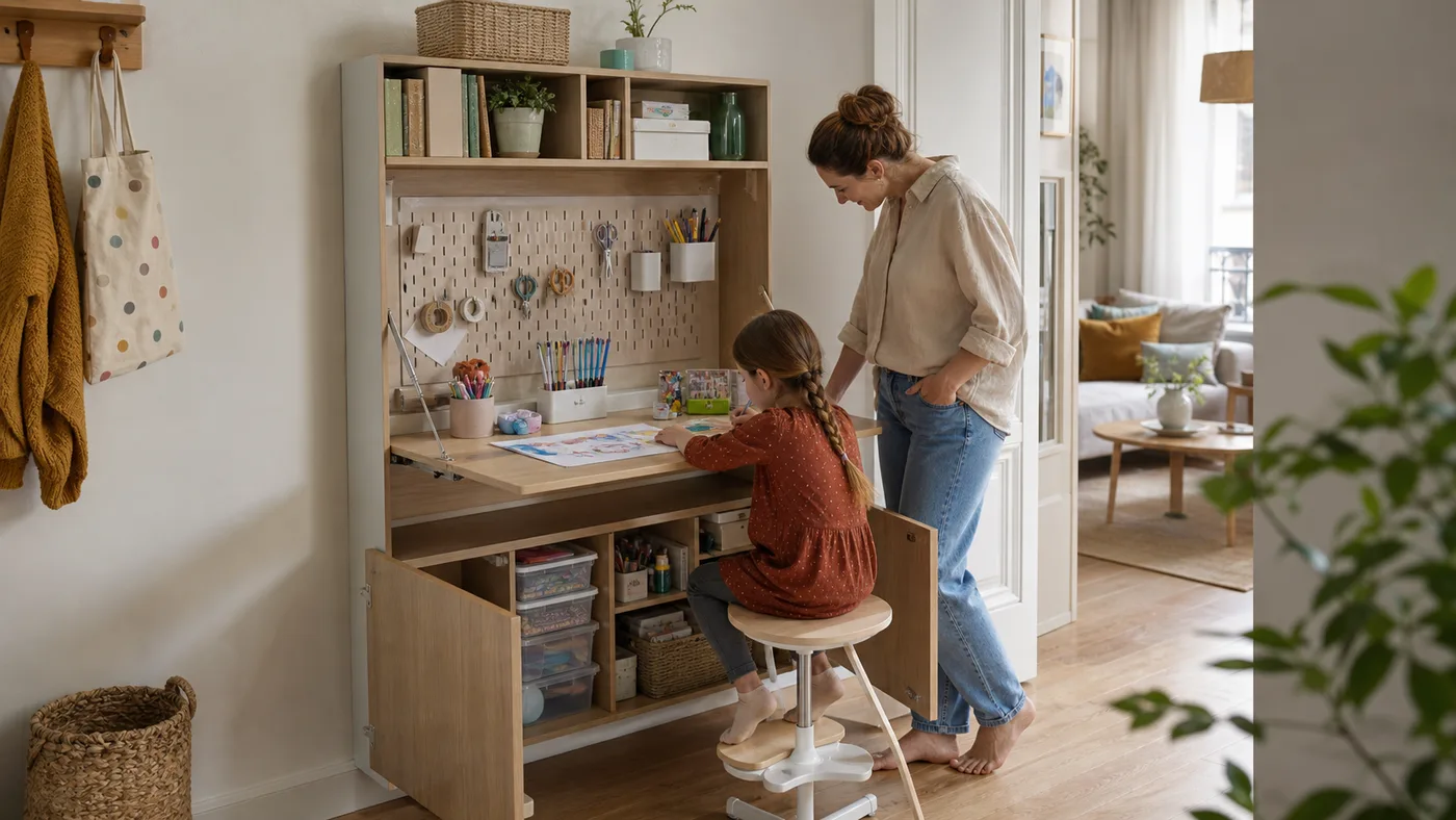 Bureau compact avec rangements pour activités manuelles