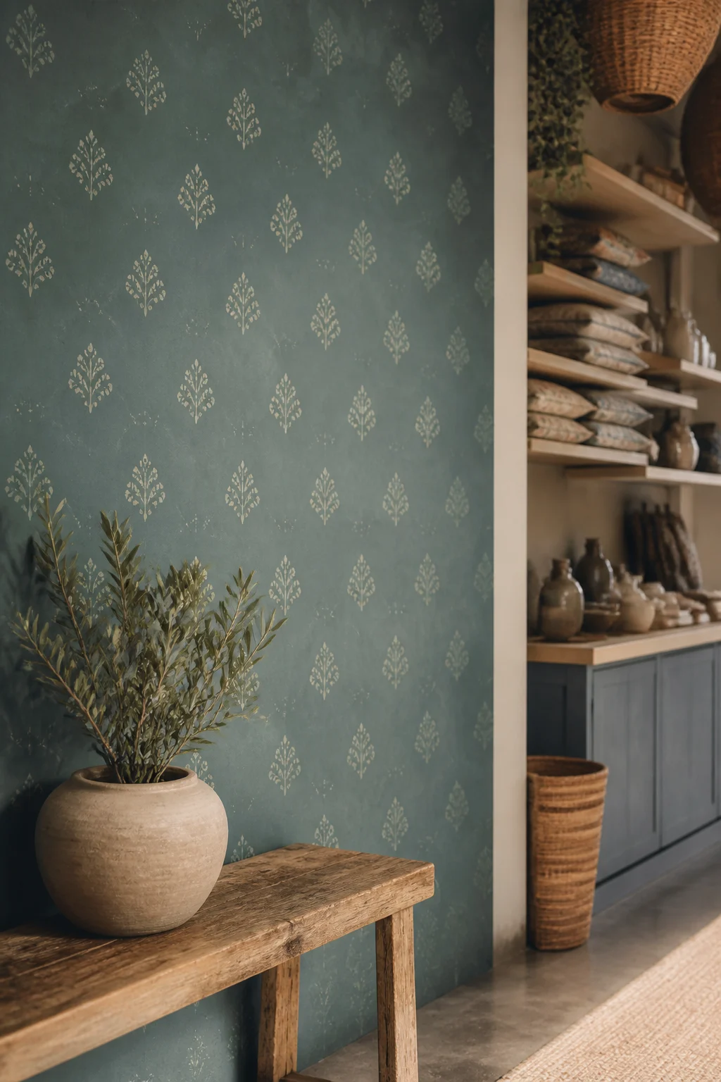 Mur de boutique décoré avec un motif tamponné ton sur ton