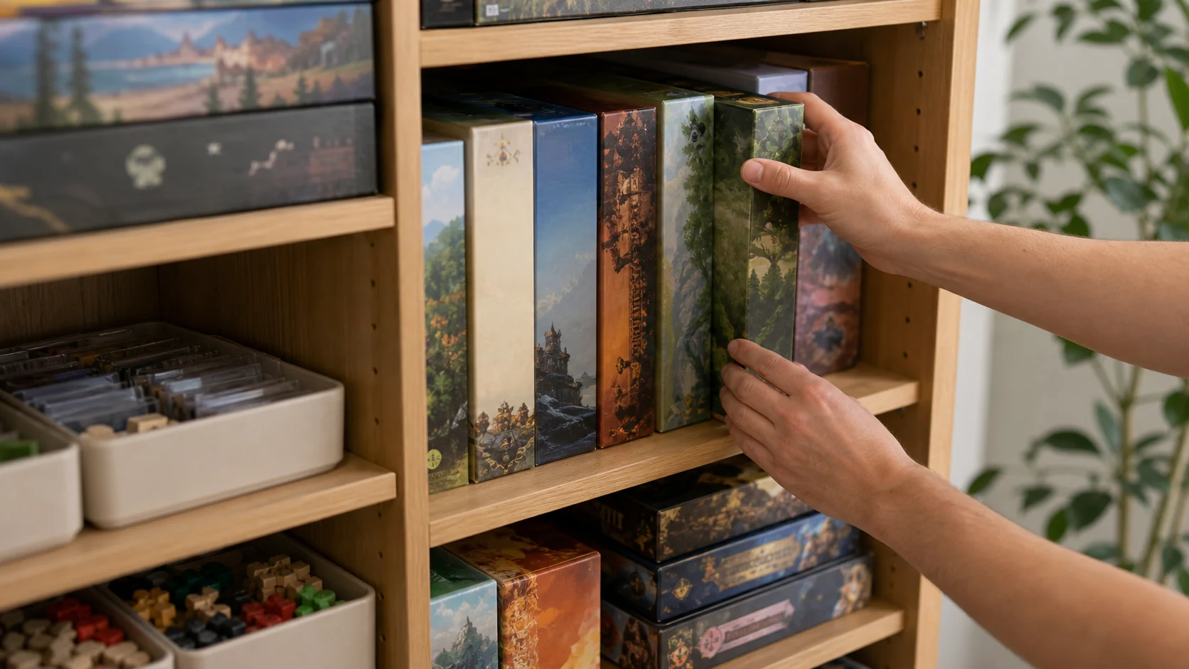 Boîtes de jeux de société rangées dans des étagères réglables en bois