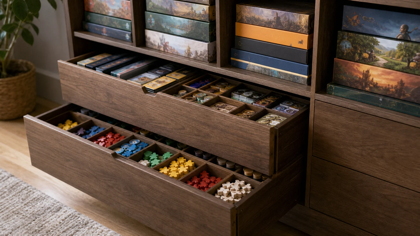 Tiroir de meuble avec accessoires et boîtes de jeux bien organisés