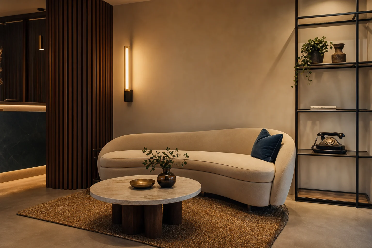 Coin lounge professionnel mélangeant styles déco avec sobriété