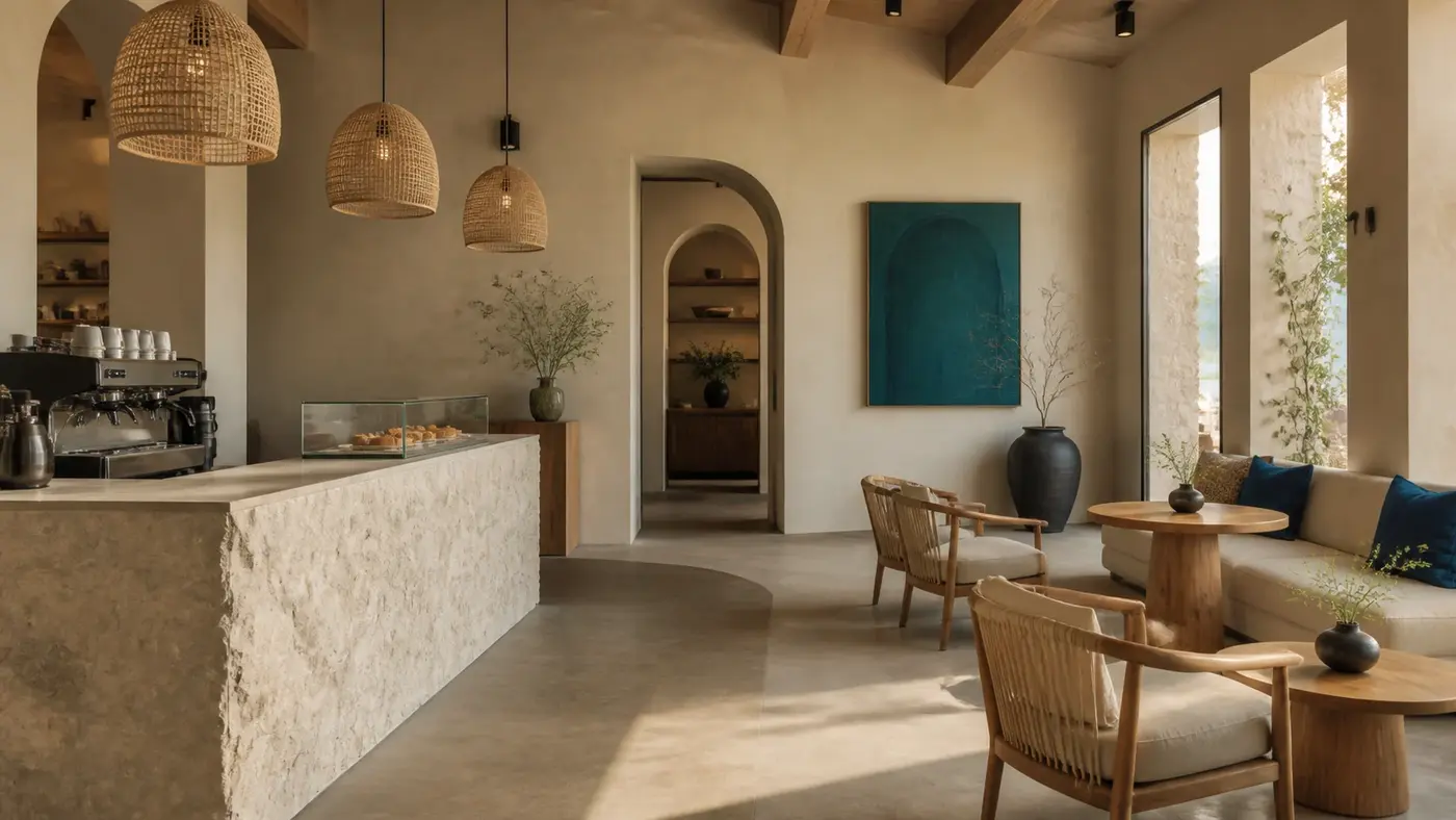 Espace commercial sobre avec matériaux naturels et parcours client dégagé