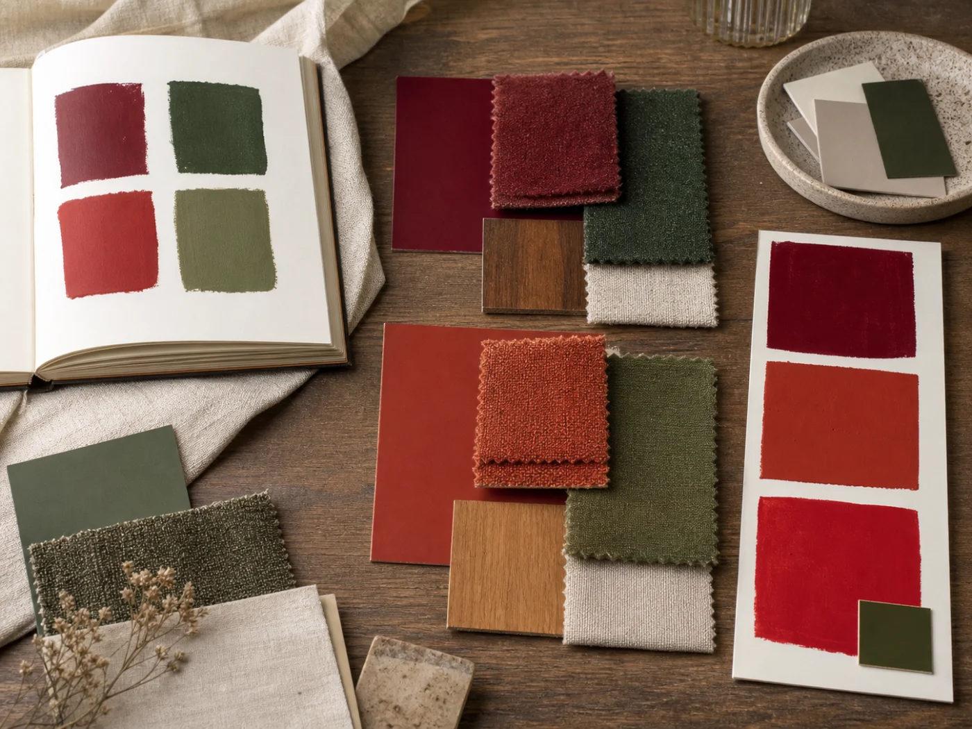 Nuancier rouge et vert avec échantillons de peinture, tissus et bois