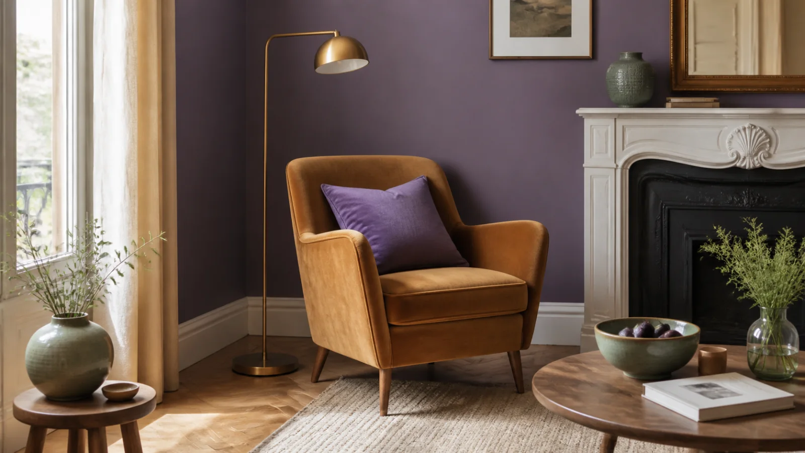 Salon violet avec fauteuil ocre, plinthes claires et matières naturelles