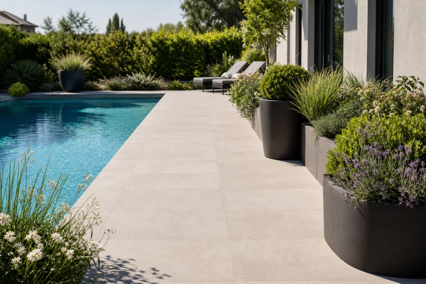 Terrasse de piscine avec passage dégagé et plantes en pots