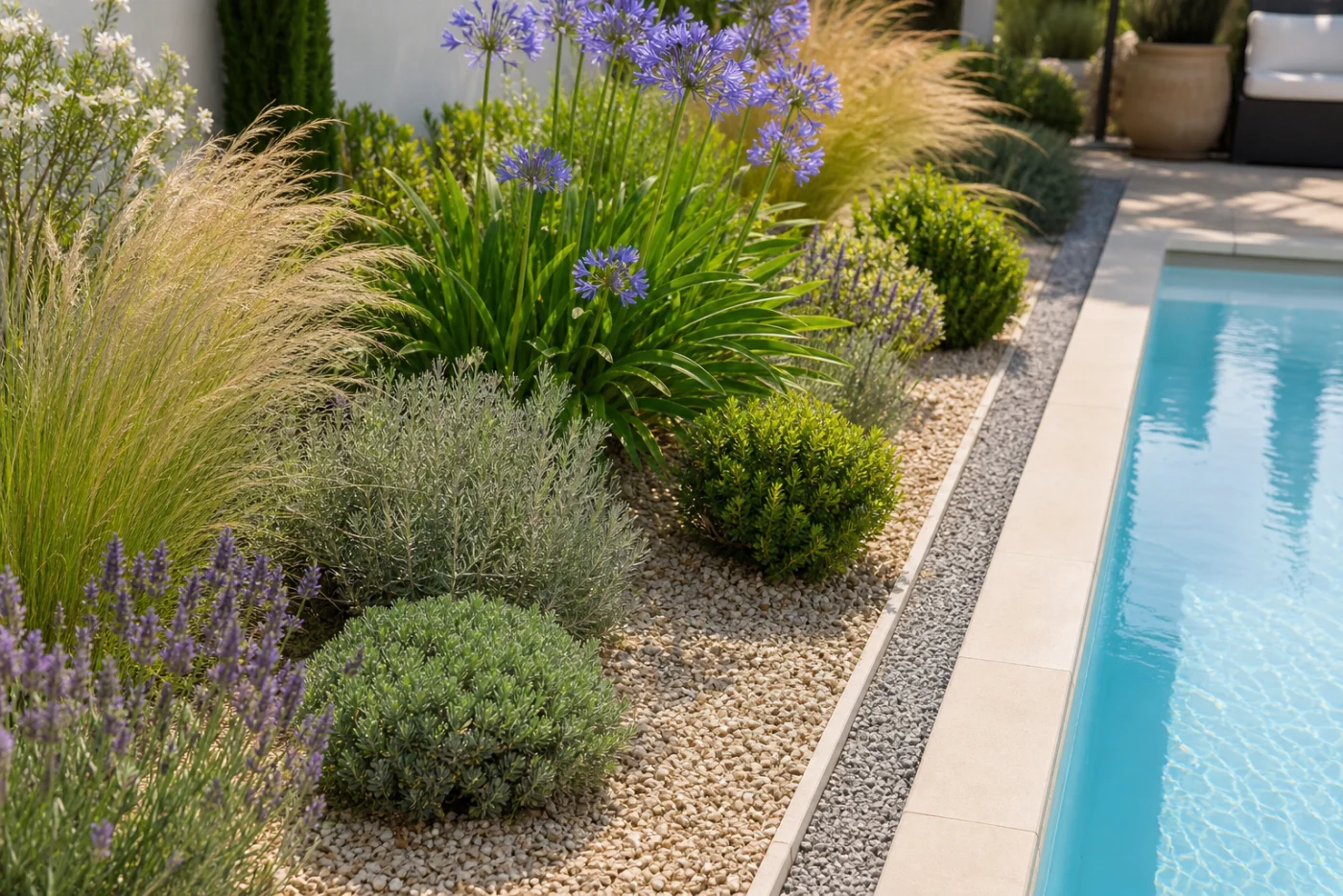 Massif de plantes peu salissantes près d’une piscine