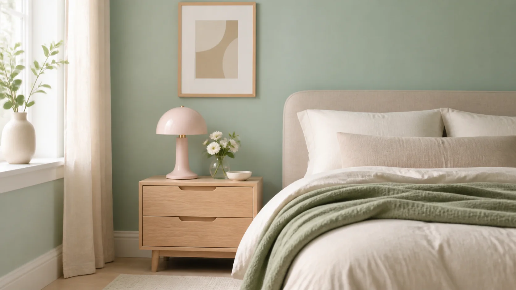 Chambre adulte avec mur vert sauge, lampe rose pâle et linge clair