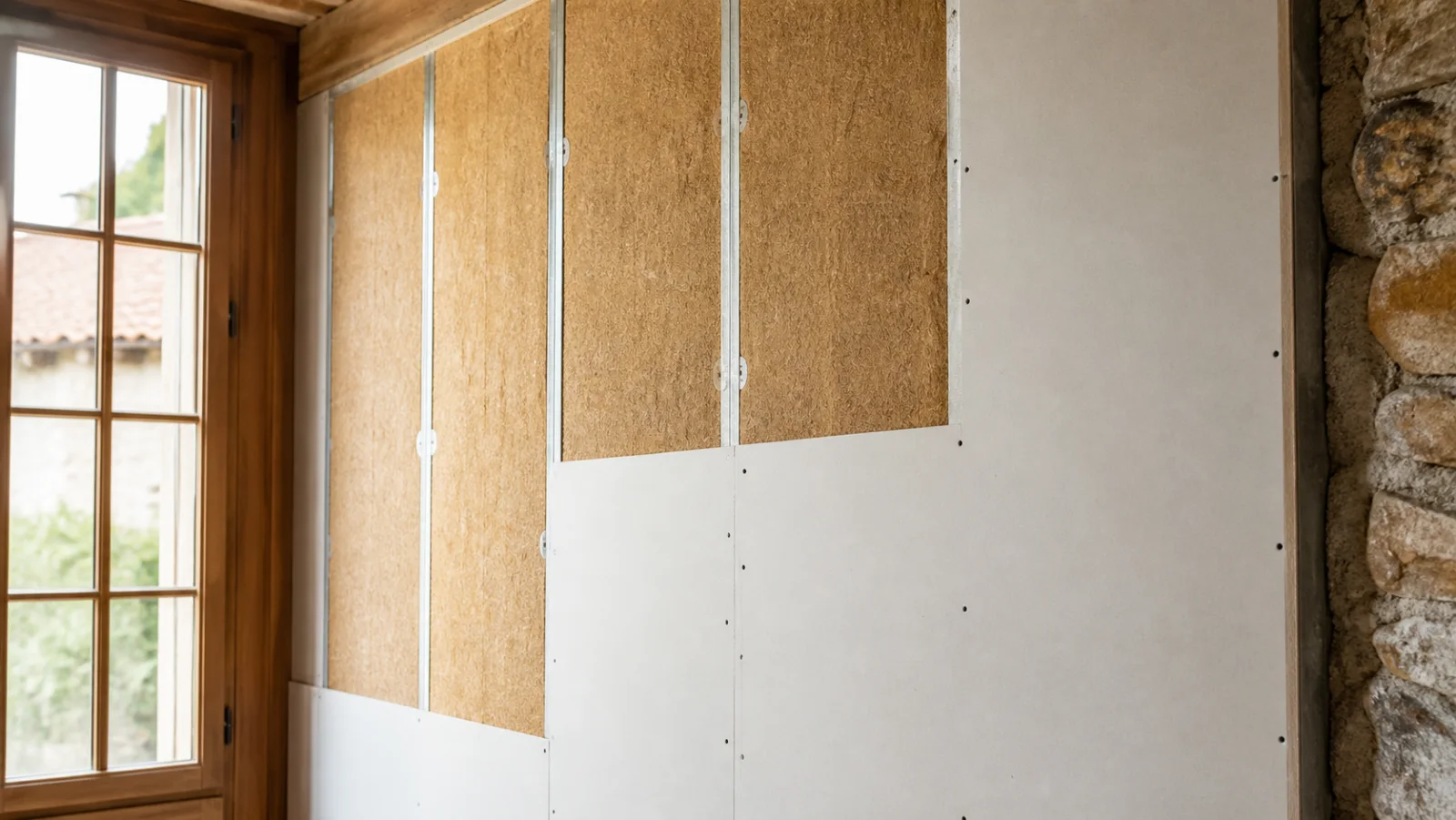 Doublage intérieur avec panneaux isolants près d'une fenêtre ancienne