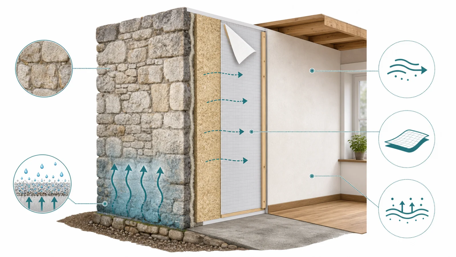 Schéma d'un mur ancien isolé par l'intérieur avec gestion de l'humidité