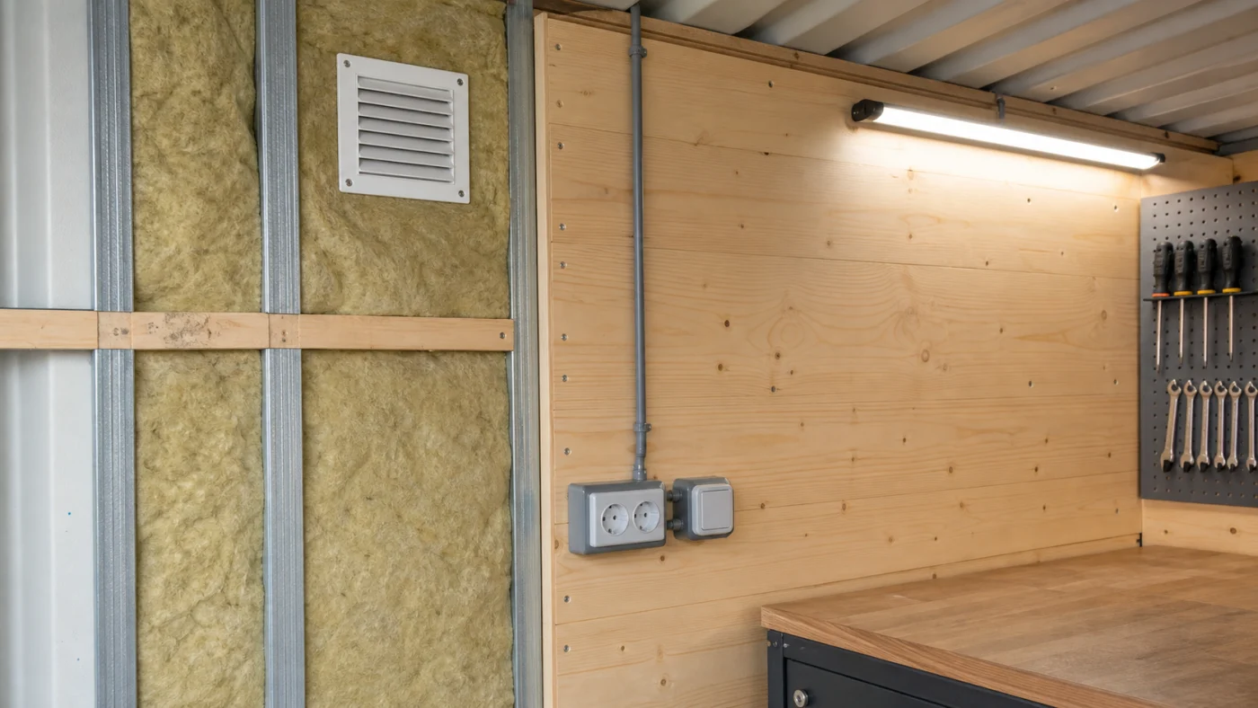Détails d’isolation, ventilation et éclairage dans un container atelier