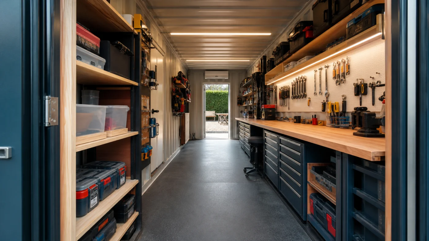 Intérieur de container atelier avec établi et rangements peu profonds