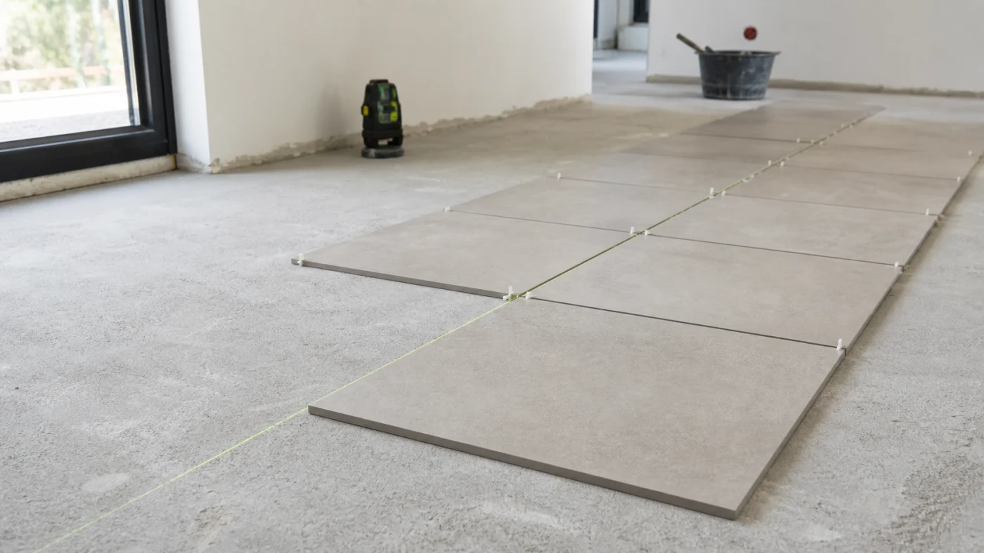 Calepinage à blanc de carreaux sur une dalle béton brute intérieure