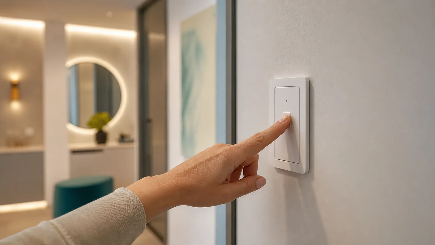 main testant un interrupteur sans fil sur un mur fini