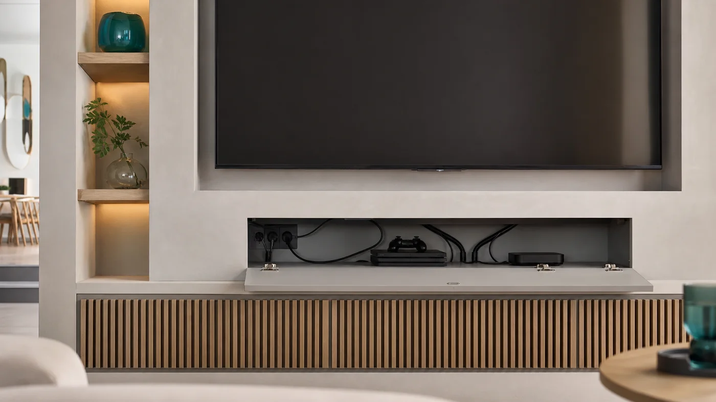 detail de niche TV avec cables caches acces technique et meuble ventile