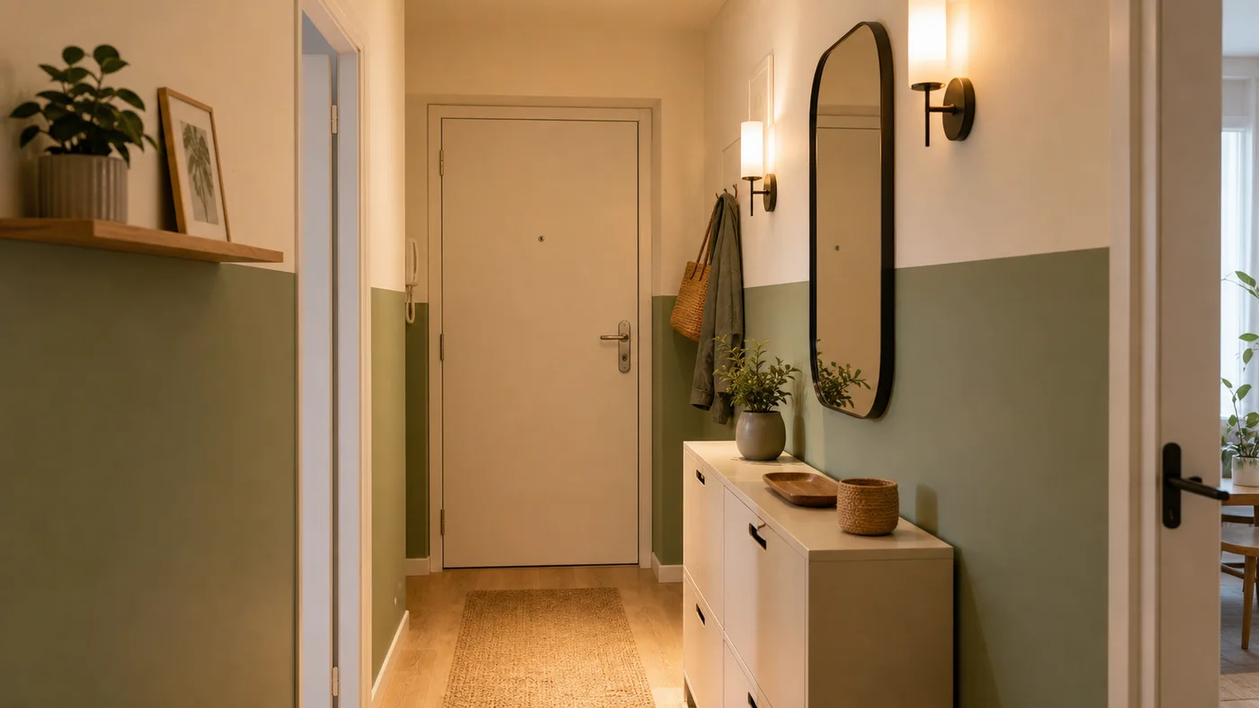 Petit couloir avec soubassement vert sauge miroir et rangement fin