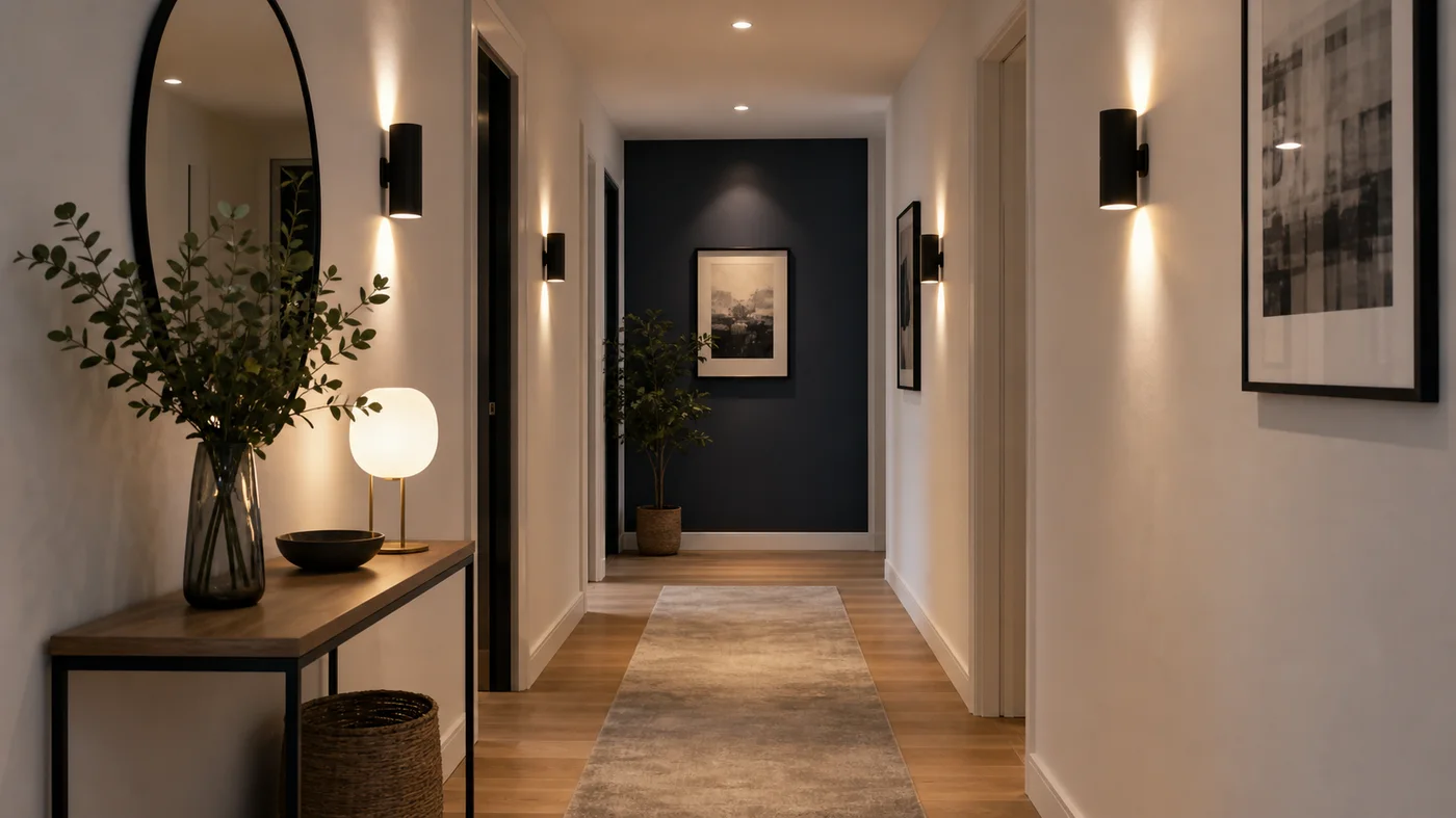 Long couloir avec mur d accent bleu gris et appliques murales