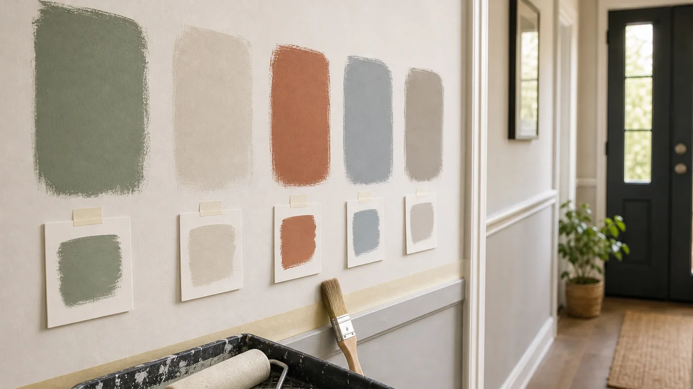 Echantillons de peinture pour couloir avec vert sauge terracotta et greige