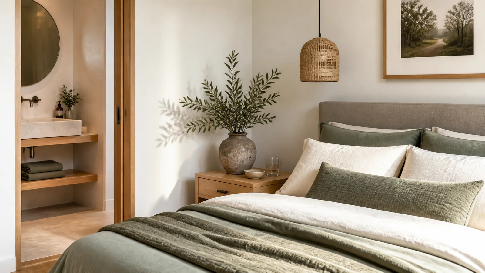chambre apaisante avec textiles vert sauge bois clair et ceramique