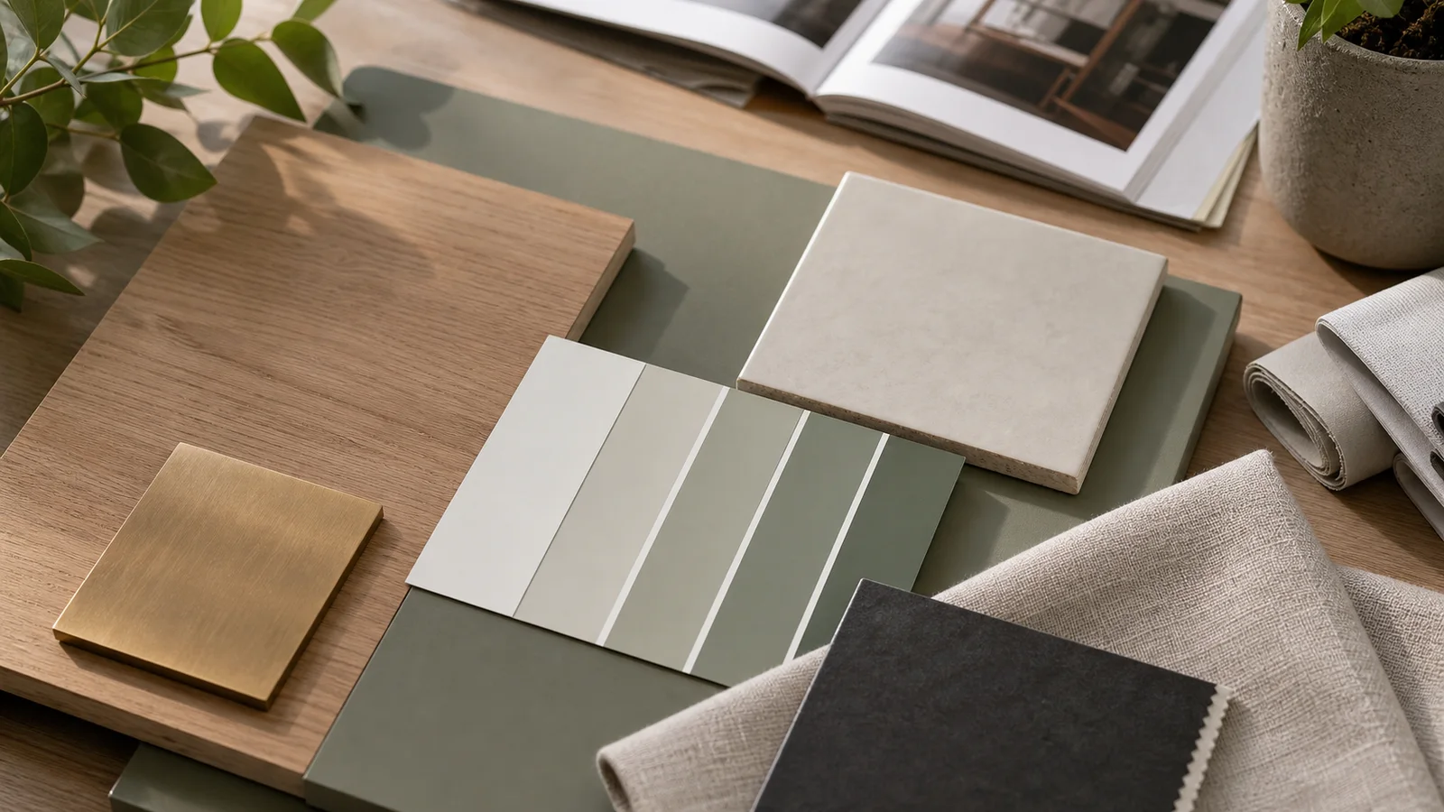 palette de matieres associant vert sauge bois laiton lin et carrelage clair