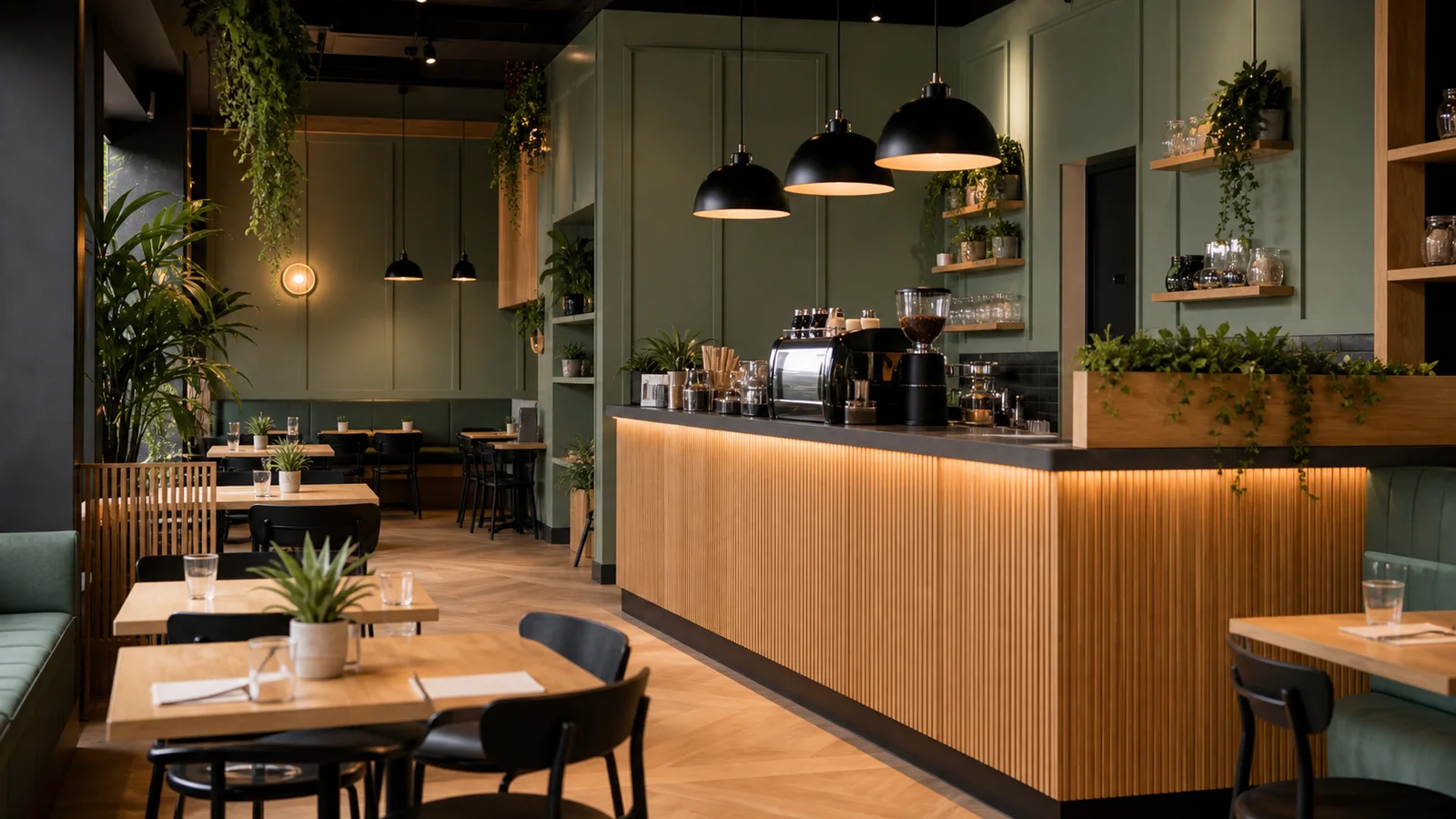 boutique ou restaurant avec panneaux vert sauge comptoir bois et luminaires chaleureux