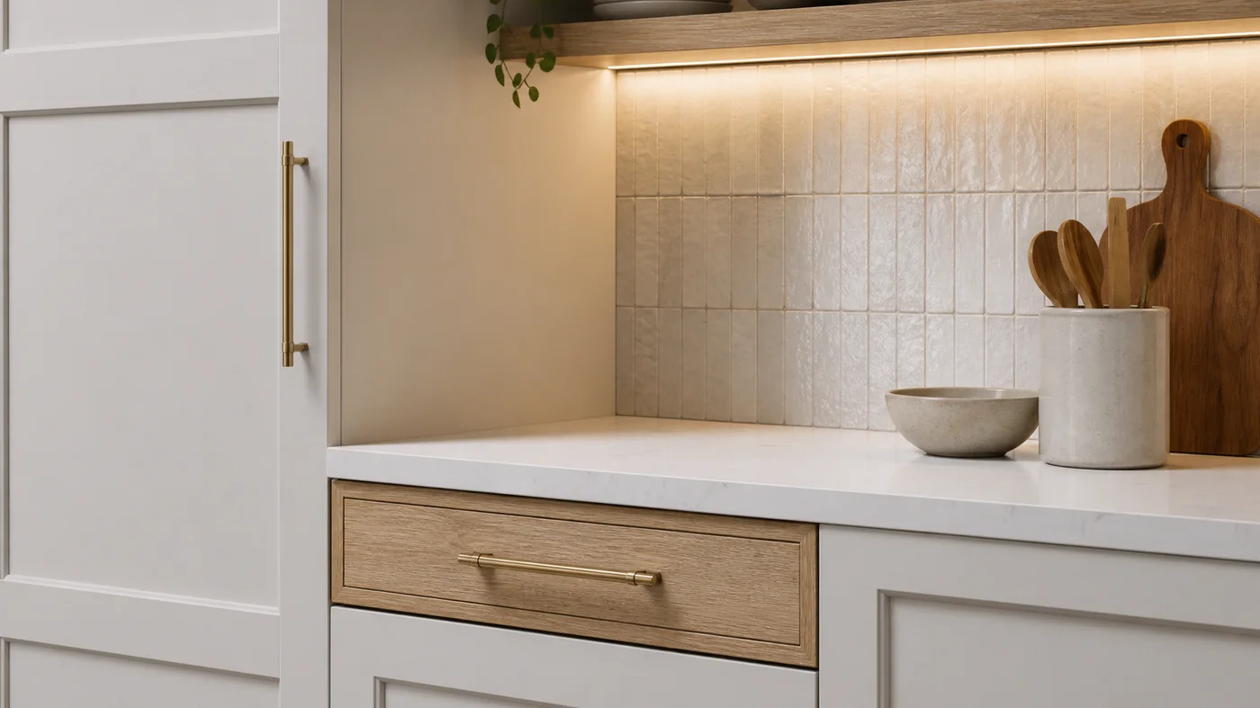 details de facades blanches plan quartz et tiroir en bois clair