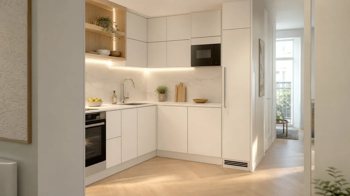 petite cuisine blanche et bois en L avec rangements hauts et eclairage chaud