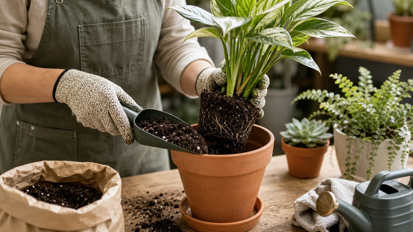 rempotage d’une plante verte avec terreau dans un pot en terre cuite