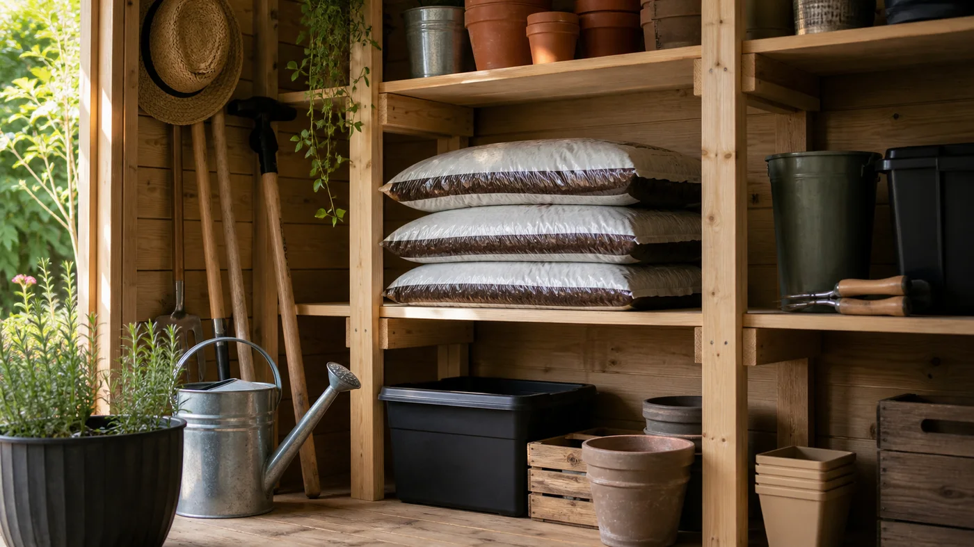 sacs de terreau stockés au sec dans un abri de jardin