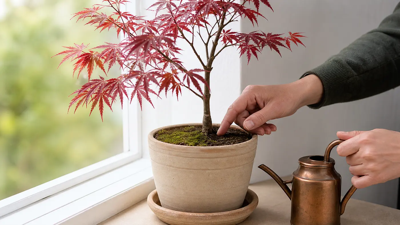 Contrôle de l’humidité du substrat d’un érable du Japon en pot près d’une fenêtre