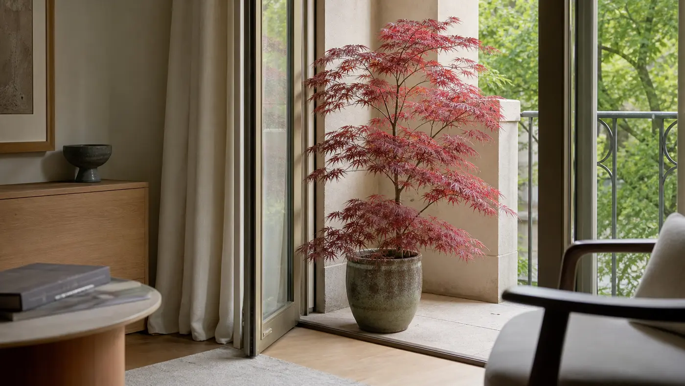 Érable du Japon en pot sur un balcon abrité visible depuis un intérieur