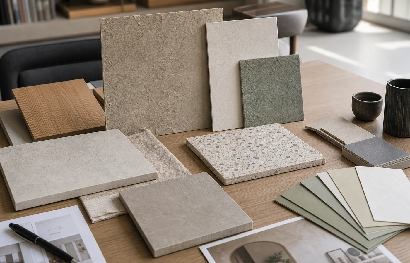 échantillons de grès cérame terrazzo chaux et bois pour choisir une alternative au béton ciré