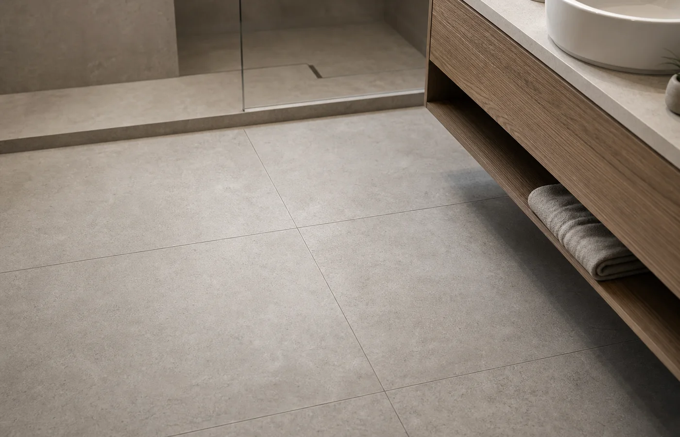grès cérame effet béton dans une salle de bains contemporaine