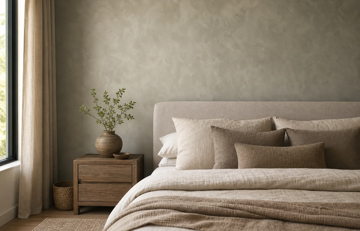 mur à la chaux avec texture minérale douce dans une chambre