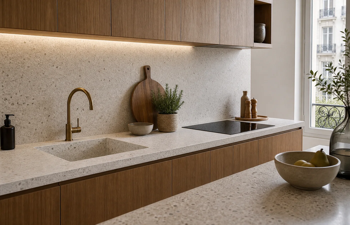 cuisine moderne avec crédence terrazzo et surface minérale mate
