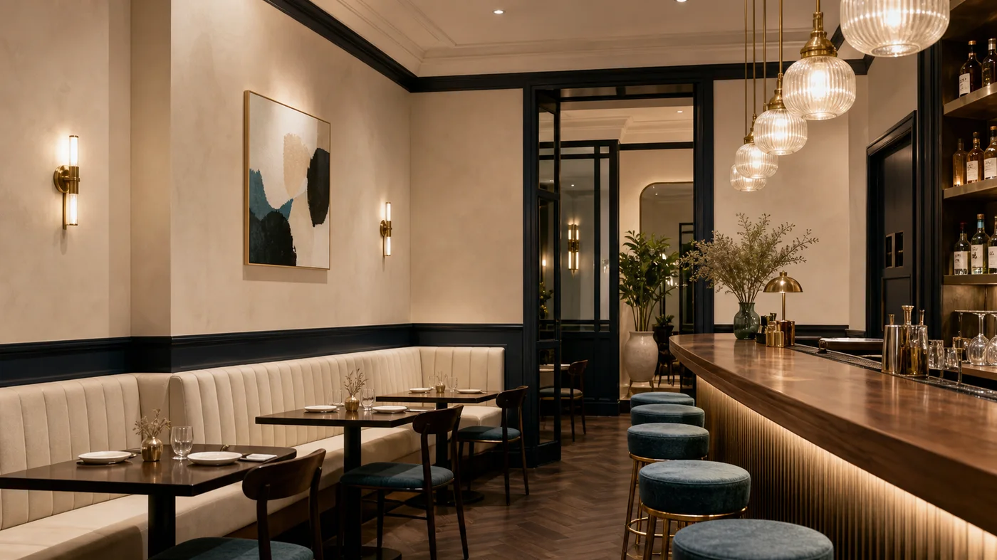 restaurant boutique aux murs ivoire avec bois chaud et lignes bleu fonce